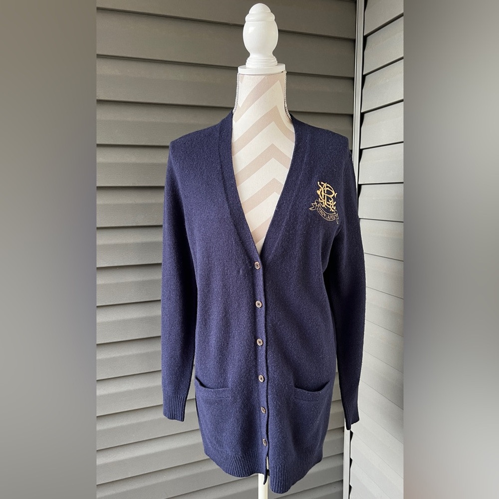 Ralph Lauren Marino Wool Sweater Cardigan Boyfriend Fit & Logo Embroidered Sz L